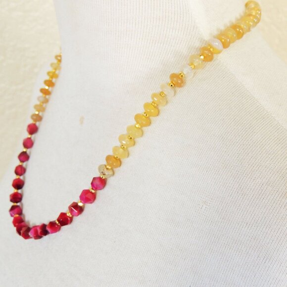Golden Yellow Citrine & Fuchsia Tiger's Eye Colorblock Simple Strand Necklace - Picture 2 of 3